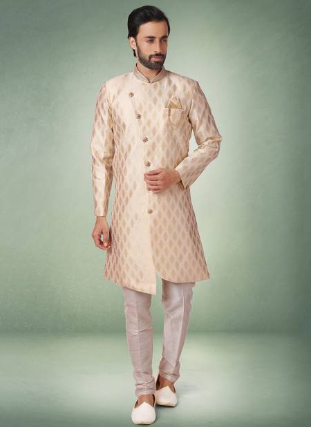 Cream Colour New Exclusive Wedding Wear Jacquard Banarasi Brocade Indo Western Mens Collection 1090